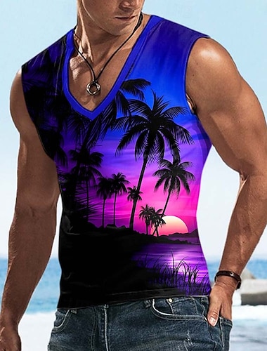  Herren Sonnenuntergang T Shirt Ärmellos T-Shirt 3D-Druck V Ausschnitt Hemd Tropisch Outdoor Urlaub Hawaiianisch Blau Rote Purpur Sommer Frühling Bekleidung S M L XL XXL XXXL