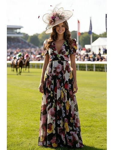  A-lijn Tot de grond Bruiloft gast jurk Formele jurk Avondjurk Galajurken Elegant Korte mouw V-hals Formeel Bruiloft gast Chiffon met Bloemenprint