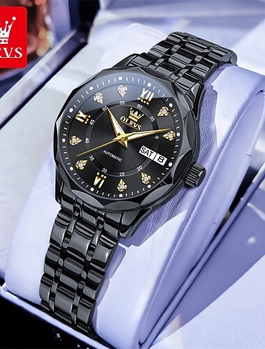  Relógio feminino de negócios da nova marca Olevs com visor luminoso, calendário e indicação do dia da semana, movimento mecânico totalmente automático, formato de losango cravejado de diamantes,