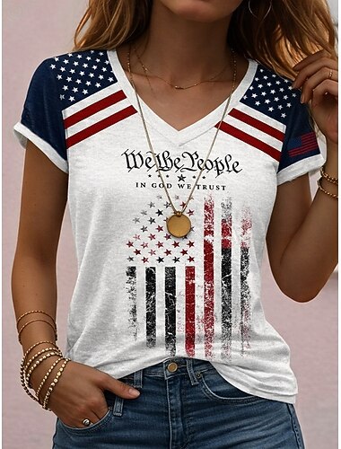  Amerikai függetlenség napja Női Póló Nyomtatott Grafika Zászló Amerikai zászló Szüret Stílusos Klasszikus Rövid ujjú V-alakú Normál felsők Napi Medence Fehér / Kék Fehér Rubin Nyár Tavasz