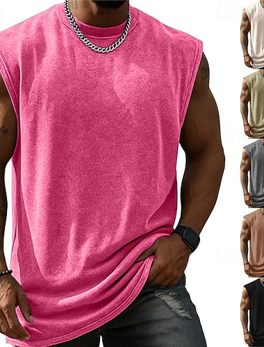  Voor heren Singlet Onderhemd Overhemd van 100% katoen met zure wassing Mouwloos Strakke ronde hals Zomer Effen Modieus Klassiek Casual Kledingstuk geverfd Puur Casual Straat Sport Abrikoos Zwart Bruin