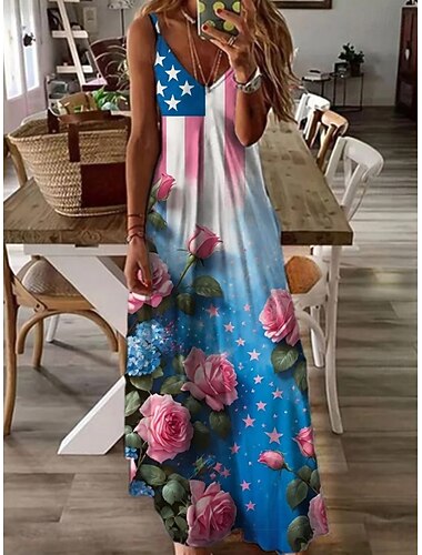  Amerikan itsenäisyyspäivä Naisten Maksimekko A linjainen mekko Slip Mekko Loma Vapaa-aika Bile Normaali Kuvitettu Amerikan lippu Hihaton V kaula-aukko Spagettiolkaimet Sininen Laivasto Valkoinen Kes
