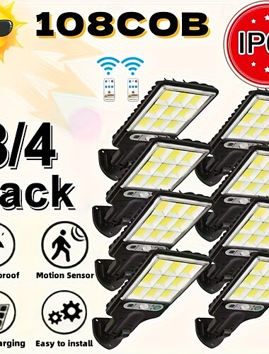  4er-/8er-Packung LED-Wandleuchten mit Solarbetrieb und Bewegungsmelder für den Außenbereich, 108 COB-LEDs, Fernbedienung, für Garten, Hof, Garage, Wege, Bauernhof, Straßenbeleuchtung, wasserdichte