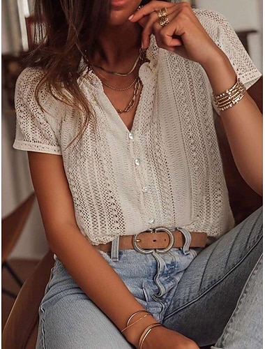  Dam Pullover tröja Stickad tröja Hoppare Elegant Mode Ledigt Ren färg Ribbad V-hals Knappar Stickat Kort ärm Vanliga toppar Sticka Dagligen Utomhus Helgen Aprikos Sommar Höst