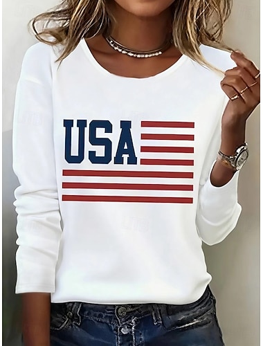  Onafhankelijkheidsdag Patriottische Dames T-shirt Print Grafische Vlag Amerikaanse Vlag Stijlvol Klassiek Casual Lange Mouwen Crew Neck Regelmatige Toppen Dagelijks Blauw Zwart Wit Rood Zomer Lente