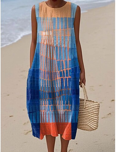  Per donna Abito Midi Vestito Estivo Abito a Tubino Abito a trapezio Vacanza Casual Boho Spiaggia Uscire Vestibilità comoda Grafico Geometrico Astratto Senza Maniche Girocollo Blu Nero Viola chiaro