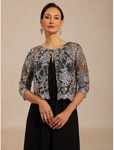  Damen Bolero Jacke Schnürung Pailletten Bestickt Blumen Elegant Dreiviertelarm Rundhalsausschnitt Normale Oberteile Hochzeitsgast Abendkleidung Schwarz Sommer Frühling Herbst