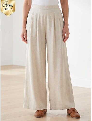  Damen Hose aus Baumwollleinen Weites Bein Chinos Sommerhose Urlaub Streetwear Lässig Volle Länge Mittlere Taillenlinie Einfach Plissiert Tasche Elastischer Bund Bequem Unelastisch Täglich Heim Outdoor