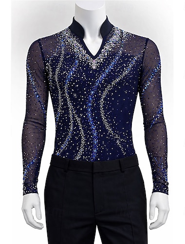  Kunstschaatstopje Voor heren Schaatsen Tops Marine Lapwerk Rekbaar Opleiding Wedstrijd Kunstschaatskleding Klassiek Kristal / Bergkristal Lange mouw Schaatsen Kunstschaatsen