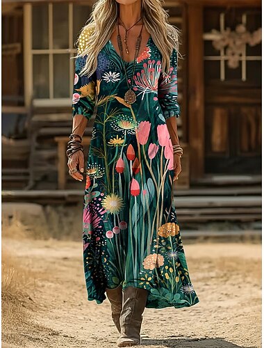  Dames Maxi-jurk Vintage Jurk Casual jurk Vintage Dagelijks Buiten Vakantie Normale pasvorm Bloemig Lange mouw V-hals Groen Lente Herfst