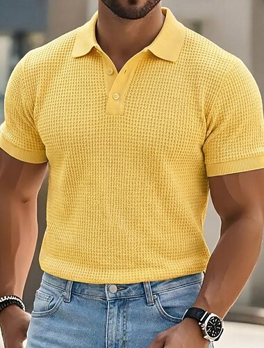  Homme Chemises Polo Gaufre Texturé Occasionnel Fête Revers Col Polo Côtelé Manche Courte Mode Basique Uni Texturé Boutons Flexible Été Printemps Coupe régulière Jaune Vert Menthe Vert Kaki Gris