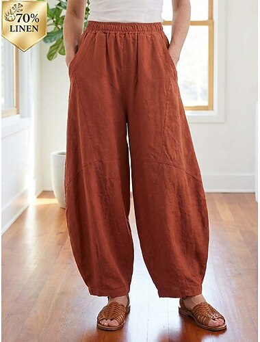  Damen Hose aus Baumwollleinen Chinos Sommerhose Lange Unterhosen Urlaub Streetwear Basic Volle Länge Mittlere Taillenlinie Einfach Tasche Elastischer Bund Bequem Komfort Mikroelastisch Täglich