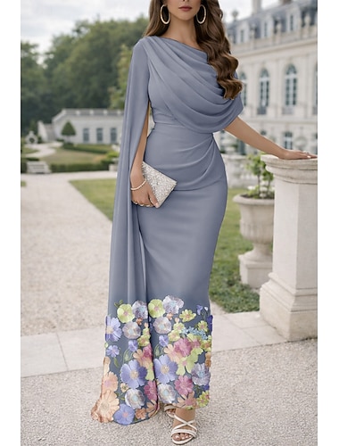  Trompet zeemeermin Strak kolom Tot de grond Baljurk met cape Avondjurken Elegant Bloemig Moeder van de bruid Korte mouw Koningin Anne Tuinfeest Bruiloft Chiffon met Geborduurde bloem Borduurwerk