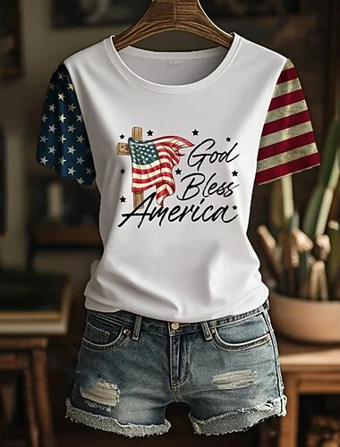  Festa dell'Indipendenza Maglietta Patriottica da Donna Stampa Grafica Lettera Bandiera Americana Elegante Classica Casual Maniche Corte Collo Girotondo Tops Regolari Giornaliero Blu Nero Bianco Rosso