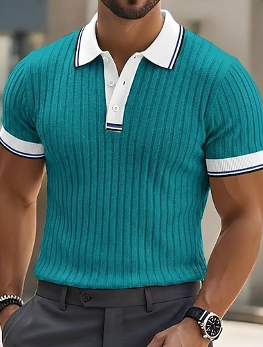  Per uomo Testurizzato Maglia da golf Casuale Lavoro Bavero Colletto Polo a Coste Manica Corta Essenziale Moderno Blocco di colori Patchwork Bottoni Primavera & Estate Vestibilità aderente Blu Bianco