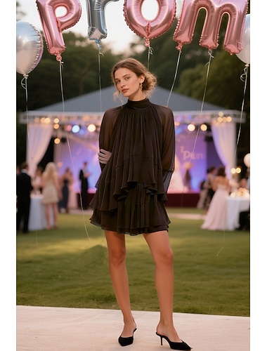  De Baile Curto Mini Vestido de formatura Vestido de convidada de casamento Vestido de noite Vestidos de baile Elegante Manga Longa Gola Alta Baile de Formatura Formal Crepe Esticado com Fru-Fru