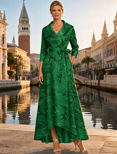  A-Linie Knöchellänge Kleid für Hochzeitsgäste Abendkleid Brautmutterkleid Langarm V Ausschnitt Revers Elegant Vintage Formell Hochzeitsgast Nylon mit Schleife(n) Mit Trägern