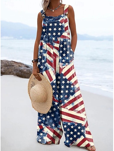  Macacão Patriótico Feminino do Dia da Independência Ativo Gráfico Sem Mangas Manga Larga Gola Quadrada Bolso Botões Diários Praia Ajuste Solto Vermelho Roxo Laranja Verão