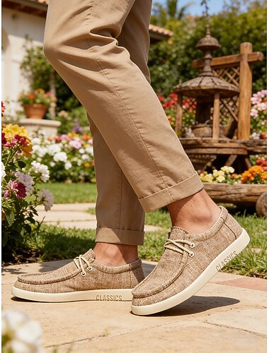  Beige espadriller i slip-on-stil for menn, myk stoffoverdel, avslappet komfortsåle, avslappet utendørs resortstil for ferie, turgåing og reiser