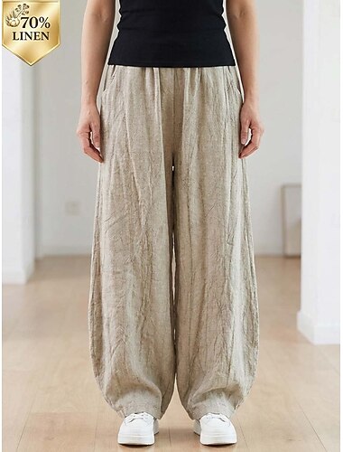  Damen Hose aus Baumwollleinen Chinos Sommerhose Lange Unterhosen Urlaub Streetwear Lässig Volle Länge Mittlere Taillenlinie Einfarbig Tasche Elastischer Bund Bequem Komfort Unelastisch Täglich