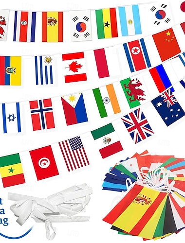  Wimpelkette mit 100 Ländern – 25 m (82 Fuß) – Internationale Weltflaggen-Girlande für das Fußball-Sommerturnier 2026 – Strapazierfähige Mini-Polyesterflaggen für Partydekorationen, Klassenzimmer und