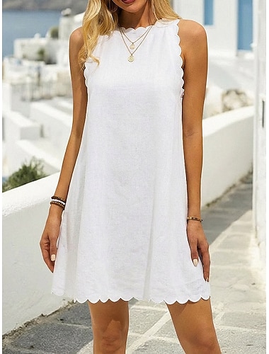  Damen Minikleid Sommerkleid Weißes Kleid Baumwoll-Leinenkleid Basic Lässig Täglich Urlaub Date Normale Passform Einfach Ärmellos Rundhalsausschnitt Blau Schwarz Weiß Rosa Sommer Frühling