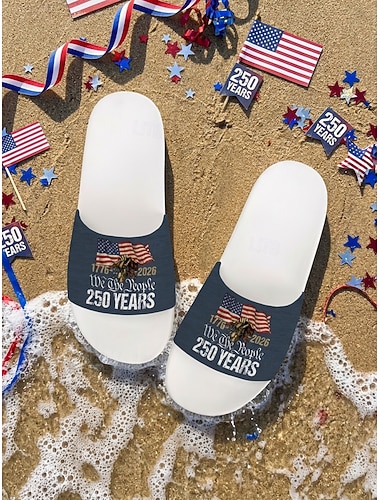  صنادل رجالية من الولايات المتحدة الأمريكية بمناسبة الذكرى السنوية الـ 250 - أحذية مريحة ووطنية مزينة بطبعة العلم، مناسبة للشاطئ وحفلات الشواء والمسيرات والاحتفالات الصيفية.