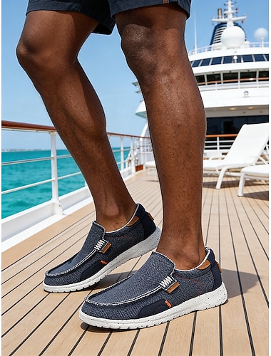  herre marineblå espadrill slip-ons, pustende overdel med jutesåle, komfortabel passform for øy- og cruisebruk, strandtøy og fritidsaktiviteter