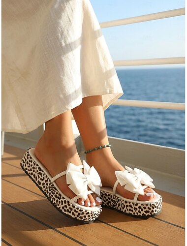  Sandales compensées à imprimé léopard pour femmes - élégantes sandales compensées blanches à nœud pour des croisières de luxe et des vacances sous les tropiques &voyage nautique d'été
