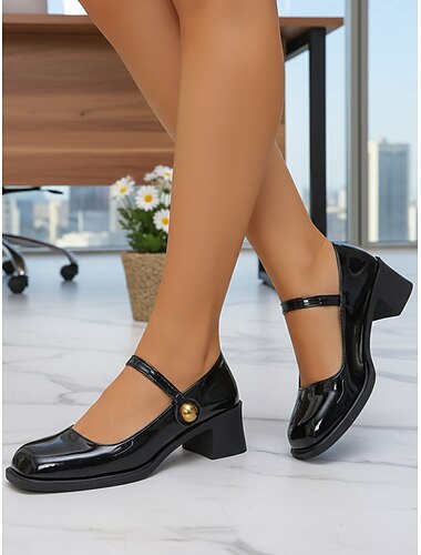  حذاء ماري جين أحمر بكعب عريض للنساء - حذاء رسمي مريح بكعب متوسط من الجلد الصناعي اللامع مع حزام قابل للتعديل مناسب للعمل المكتبي، والملابس غير الرسمية، والتنقلات اليومية