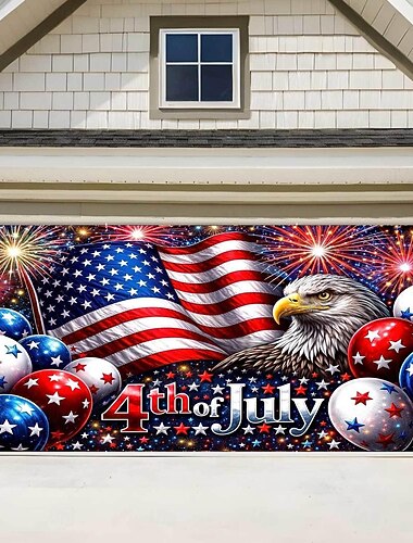  Dekorationen für Garagentore zum 250. Jahrestag der Unabhängigkeit der USA am 4. Juli, Feuerwerk und US-Flagge als patriotischer Hintergrund für Garagentore, Dekorationsartikel für Gedenkfeiern zum Unabhängigkeitstag mit amerikanischer Flagge
