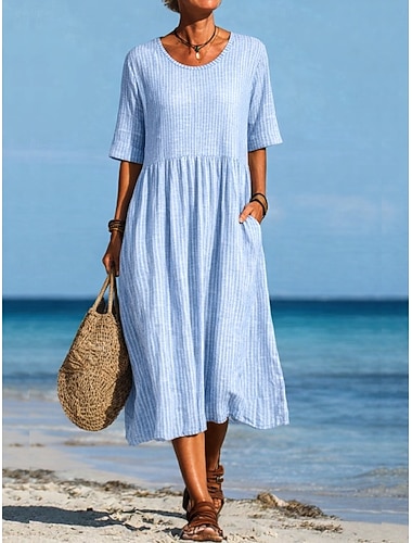  Damen Midikleid Freizeitkleid A Linie Kleid Elegant Stilvoll Lässig Täglich Urlaub Lässiger Schnitt Gestreift Kurzarm Rundhalsausschnitt Grau Leicht Blau Sommer Frühling