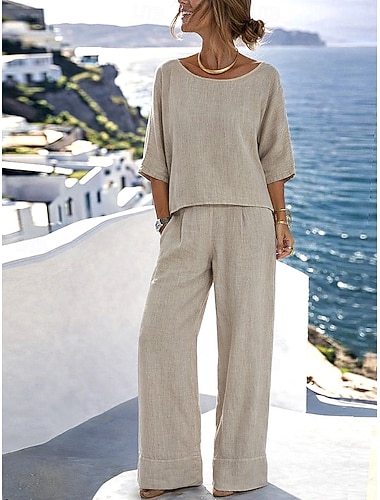  Dame Linsett i bomull Buksesett Bolero topp Halvlange ermer Crew-hals Helfarge Mote Gatemote Avslappet Daglig utendørs Blå Svart Hvit Sommer Normal