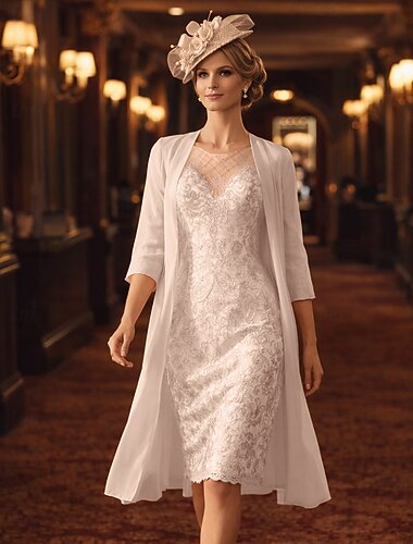  Due Pezzi Tubino Colonna Lunghezza al ginocchio Abito da invitata a nozze Abito da cerimonia per signora Manica 3/4 Collo gioiello Elegante Formale Ospite di nozze Chiesa Chiffon Pizzo Con Stola
