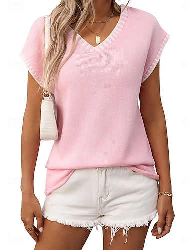  Damen Pullover Elegant Mode Streetwear Einfarbig V Ausschnitt Gestrickt Kurze Ärmel Normale Oberteile Stricken Täglich Outdoor Wochenende Schwarz Rosa Sommer Frühling