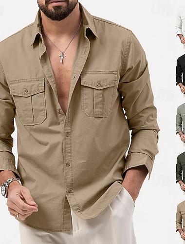  Voor heren Overhemd Normaal shirt Overhemd met knopen Cargoshirt Zwart Wit Groen khaki Militair Groen Lange mouw Effen Overhemdkraag Casual Dagelijks Voorvak Kleding Elegant Modieus Sport & Buiten