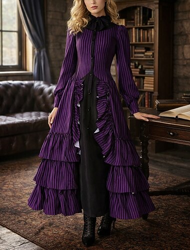  Gotico Vittoriano Medievale Lunghezza lunga Vestito con accessori Lunghe Strega Fata A righe Costume Per donna Fantasia Halloween Carnevale Performance Fiera Rinascimentale LARP Adulti Vestito