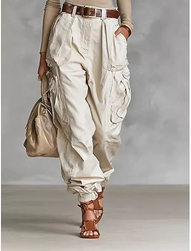  Damen Cargo-Hosen Chinos Urlaub Mode Streetwear Volle Länge Hohe Taille Einfach Tasche Bequem Weich Unelastisch Outdoor Straße Armee-Grün Schwarz Khaki Aprikose Frühling Herbst Lässiger Schnitt