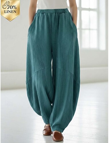  Damen Hose aus Baumwollleinen Chinos Sommerhose Lange Unterhosen Urlaub Streetwear Basic Volle Länge Mittlere Taillenlinie Einfach Kordelzug Tasche Bequem Komfort Dehnbar Outdoor Straße Blau Violett