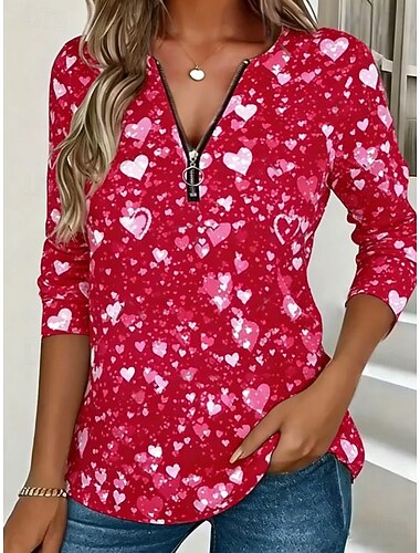  Valentinstag Damen T Shirt Reißverschluss Druck Herz Liebe Grafik Bohemien Tropisch Hawaiianisch Langarm V Ausschnitt Normale Oberteile Täglich Ausgehen Wochenende Rote Sommer Frühling
