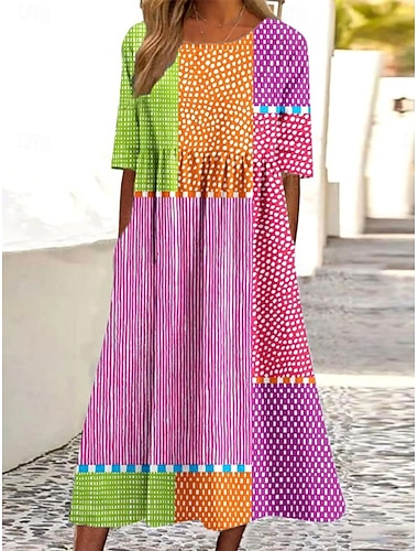  Per donna Abito Midi Vestito Casual Moda Classico Moderno Quotidiano All'aperto Spiaggia Vestibilità comoda A righe Mezza Manica Girocollo Rosa Estate Primavera