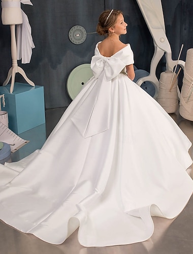  Ballkjole Sweep Børste train Blomsterpikekjole Konfirmasjon Jenter Søt ballkjole Sateng med Sløyfe(r) Elegant Passer 3-16 år