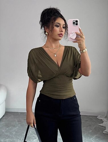  בגדי ריקוד נשים חולצה צבע אחיד אחיד אלגנטית וינטאג' אופנתי שרוולים קצרים צווארון V צלילה חולצות רגילות קלארט קפה חום שחור ירוק צבאי קיץ אביב