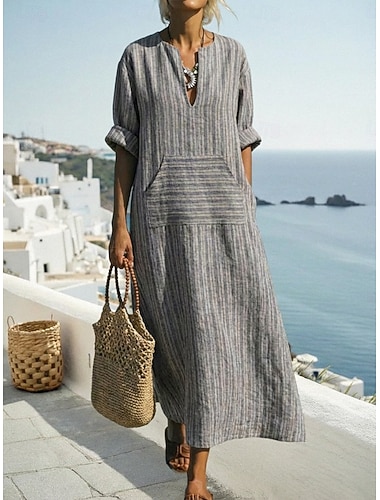  בגדי ריקוד נשים נורמלי שמלת מקסי פשתן כותנה דמוי עור שמלת כפתן שמלת וינטג' מסוגנן יום יומי יומי עבודה מונח בצורה רפויה פס שרוול ארוך צווארון V אודם תלתן אפור אביב סתיו