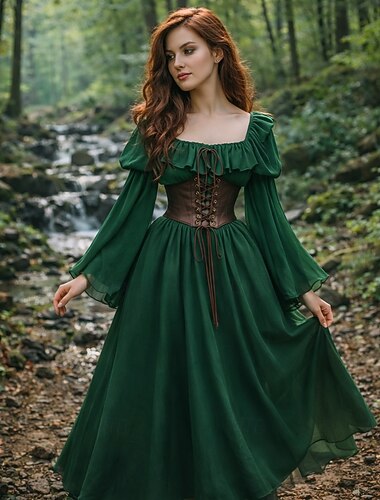  Rétro Vintage Médiéval Renaissance Robe Manches longues Elfe Déguisement Femmes Halloween Carnaval Mascarade Foire de la Renaissance Soirée à thème rétro Adultes Robe Toutes saisons