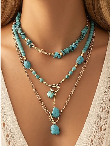  Bohemsk lagdelt halskjedesett for kvinner, legeringskjede og turkise perler, vintage elegante smykker for kvinner, perfekt for hverdagsbruk, ferie, strand og festbruk