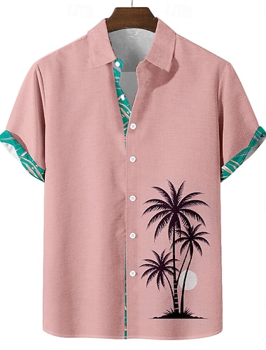 Herren Kokospalme Tropische Pflanzen Sommer Hawaiihemd Knopfhemd Alohahemd Kurzarm Hawaiianisch Urlaub Ferien Strandbekleidung Sommer Frühling Umlegekragen 3D-Druck Leinenähnliches Hemd Blau Rosa Grün