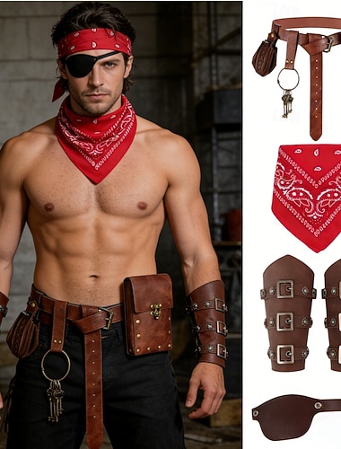  Médiéval Renaissance Costume élégant Accessoires Pirate Viking Déguisement Homme Viking Pirate Halloween Carnaval Performance LARP Foire de la Renaissance Adulte Bracelet Ceinture Eye Patch