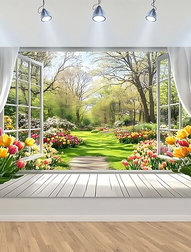  Wandteppich mit 2D-Flachdruck, Frühlingsgartenmotiv, Blick aus dem offenen Fenster auf blühende Tulpen und einen Gartenweg, ideale Wanddekoration für Wohnzimmer und Schlafzimmer