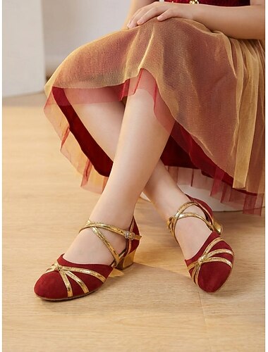  Dam-flickdansskor med fotledsrem - professionella lågklackade dansskor för barn, lämpliga för balsalstävlingar och formella dansevenemang